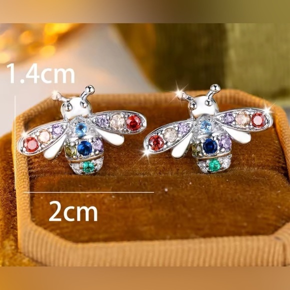 925 Sterling Silver Bohemian Rainbow Zircon Bumblebee Honey Bee Stud Earrings - Picture 6 of 6